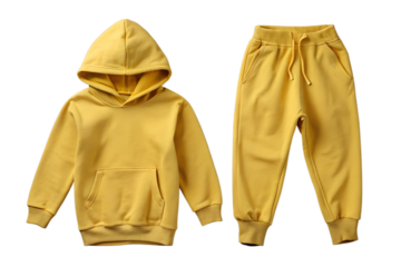 Kids sports suit yellow color with sweathoodie and sweatpants isolated on a white background. Children's casual sports style concept. Yellow tracksuit hoodie and sweatpants joggers with pockets. PNG