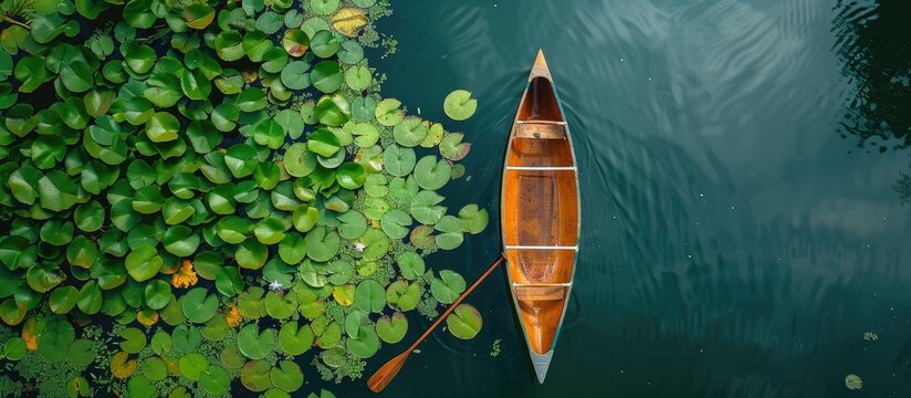 A serene lake with water lilies and a canoe seen from above ideal for nature and canoeing concepts with copy space image
