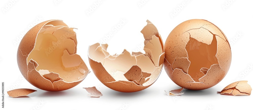 Poster cracked eggshells on white background with copy space image