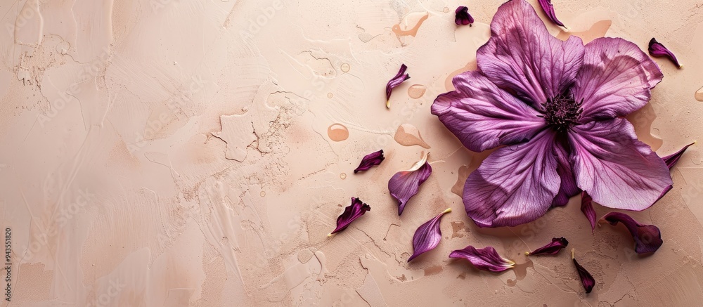 Poster Purple art of a broken pion flower and petal displayed on a beige neutral background in a top view copy space image
