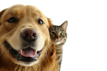 This is a portrait of a happy dog and cat looking at the camera together. The pet looks at the camera together on a transparent background. It shows the incredible friendship between the dog and cat.