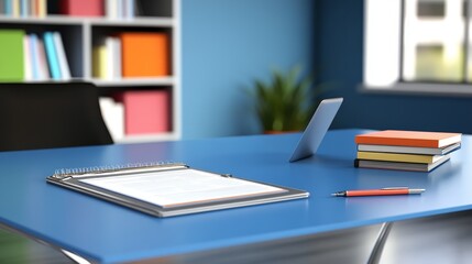 A blue desk with a laptop, notepad, pen, and books, ready for work. The office has a bookcase and a window.