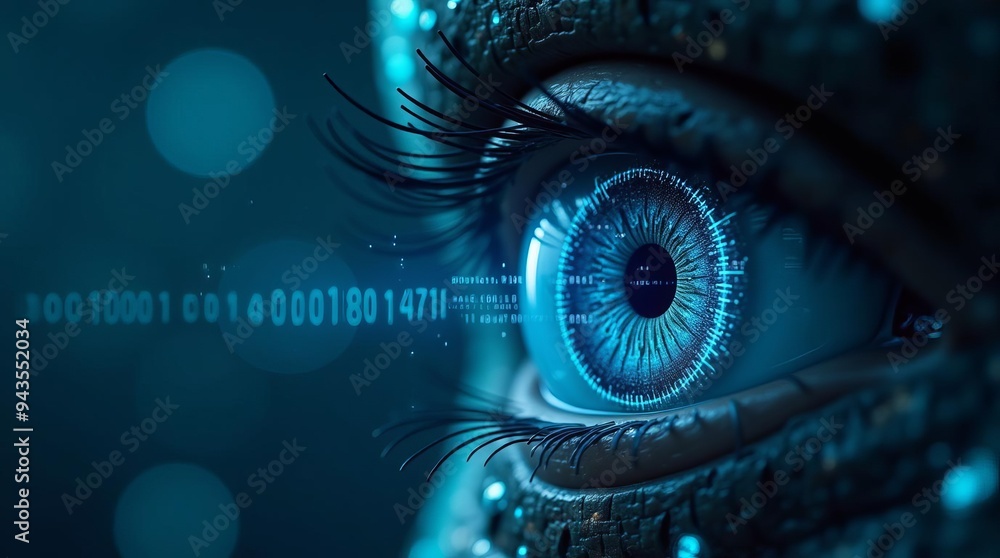Poster biometric eye recognition: close-up of human iris with digital interface overlay for advanced securi