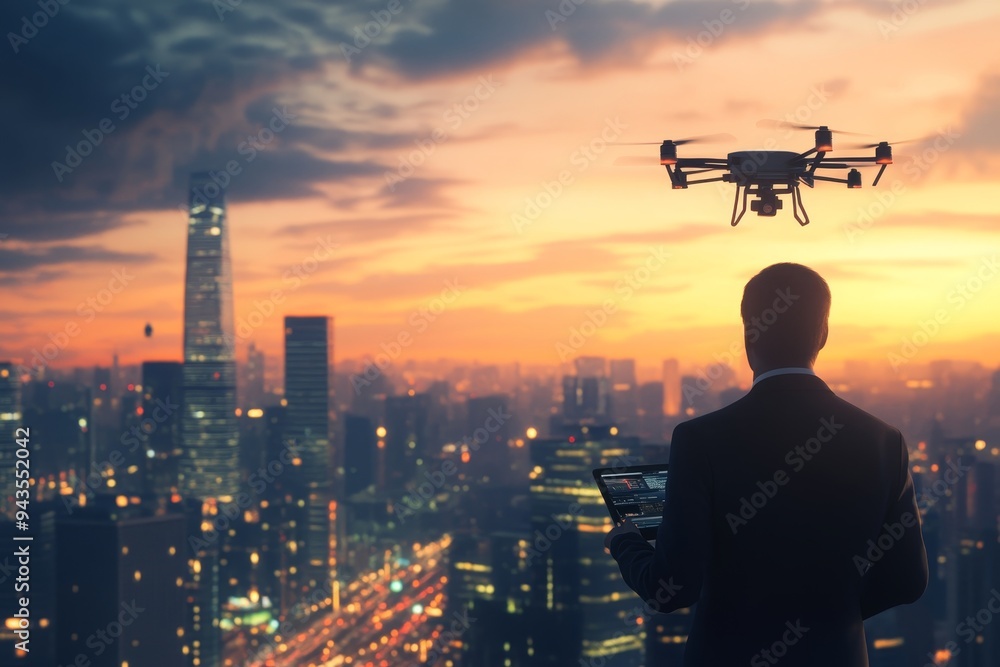 Poster businessman utilizing advanced drone technology for innovative 3d rendering solutions