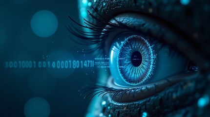 Biometric Eye Recognition: Close-up of Human Iris with Digital Interface Overlay for Advanced Security Identification Technology