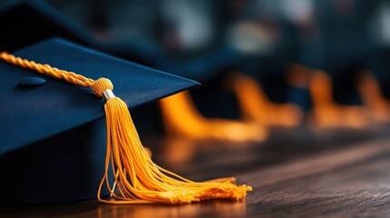 A close-up of a graduation cap with a vibrant yellow tassel, symbolizing achievement and celebration of educational success.