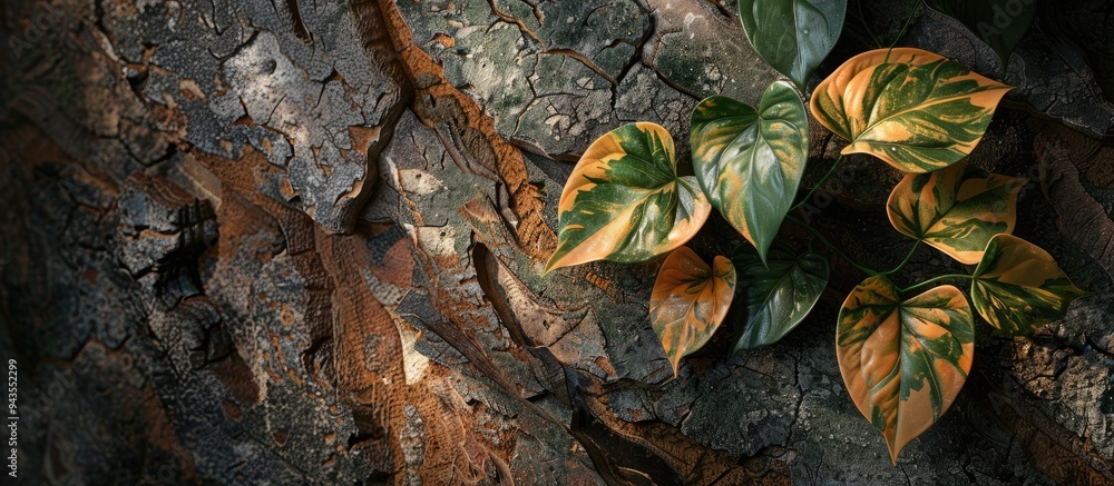 Poster nature s art golden pothos leaves of liana scindapsus against a rustic tree bark background perfect 