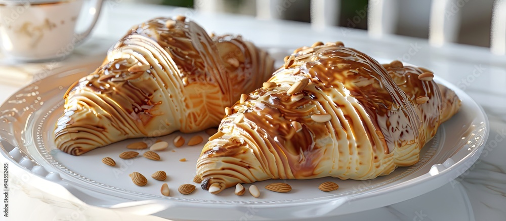 Poster croissants with almonds displayed on a white plate with copy space image