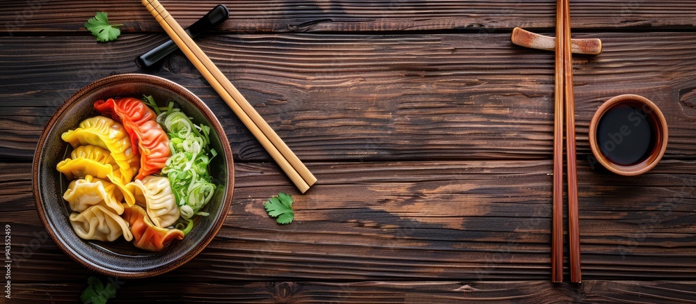Aufkleber Wooden background with colorful dumplings in a bowl accompanied by soy sauce cabbage and chopsticks with available space for adding text in the image. Creative banner. Copyspace image