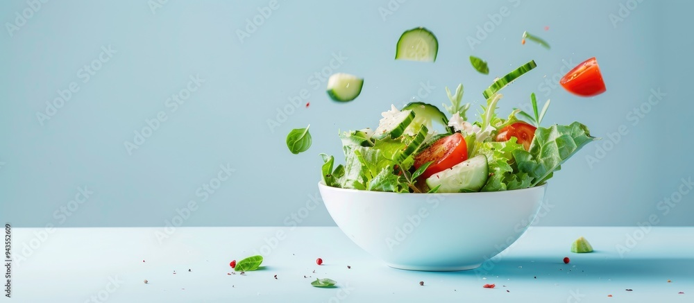 Poster fresh vegetable salad in a bowl with tomato and cucumber on a light blue backdrop perfect for a copy