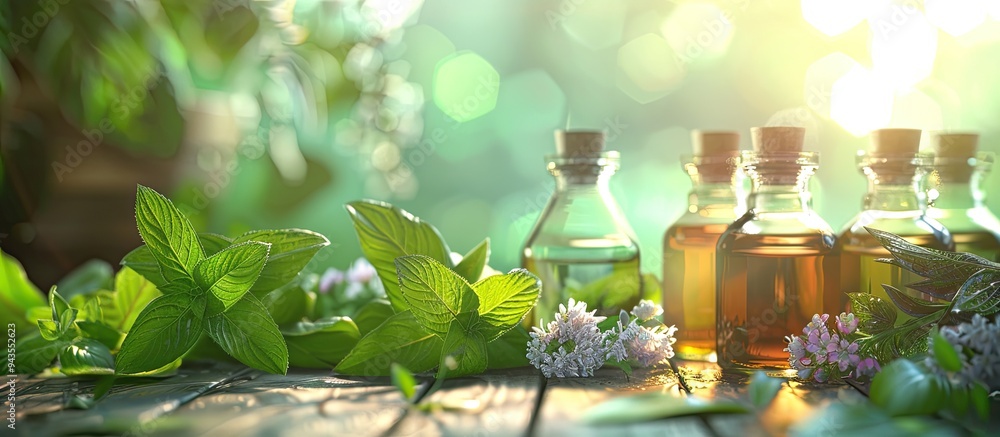 Poster a few bottles of aromatic essential oil with peppermint leaves and flowers displayed in an attractiv