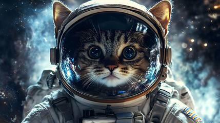 A curious cat wearing an astronaut's helmet looks out into the vast expanse of space.