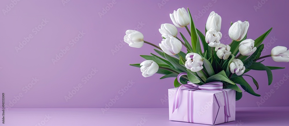 Poster White tulips displayed with a gift box on a lilac background with available copy space image