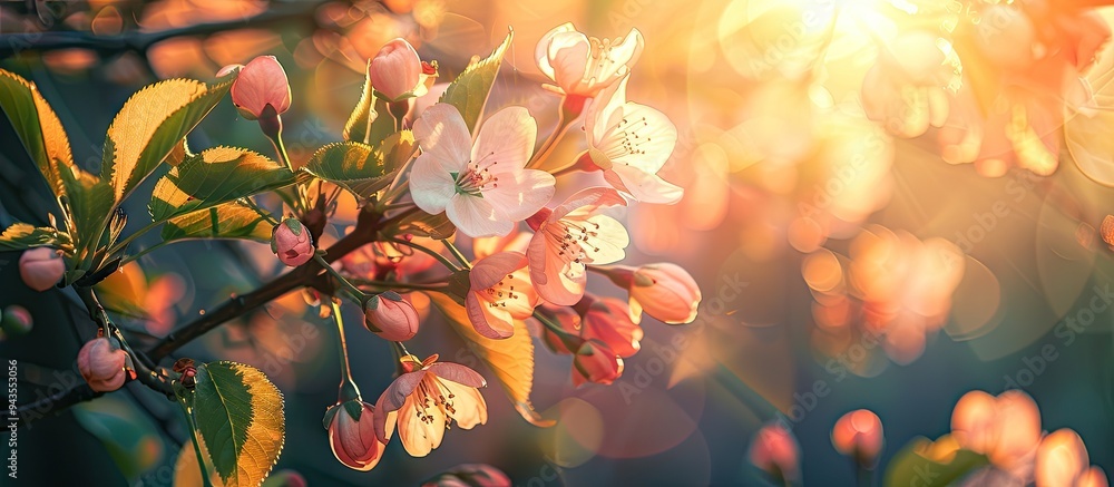 Aufkleber blossoming cherries on a tree in the sunlight surrounded by nature creating a picturesque scene with