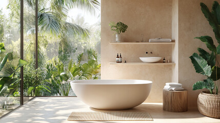 Fototapeta premium A bright bathroom with a ceramic sink and bathtub, featuring a panoramic side window with tropical views. Includes a modern bathing area, decorative shelf, and beige marble. 3D rendering.