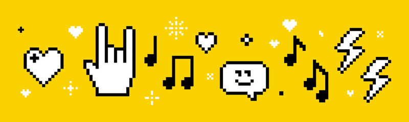 Festival vector concept in pixel art. Trendy Y2k retro sticker set. Playful pixel shapes. Player, melody, song, heart. Rock hand icon. Fans, rock-n-roll, music notes, cool. Mood of 90's aesthetics © Mariia