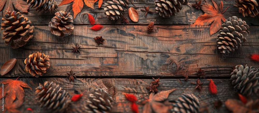 Leinwandbilder autumn themed composition featuring cones and leaves arranged on a wooden surface with ample copy sp