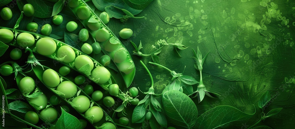Poster a vibrant image showcasing fresh organic green peas with pea pods viewed from the top on a lush gree