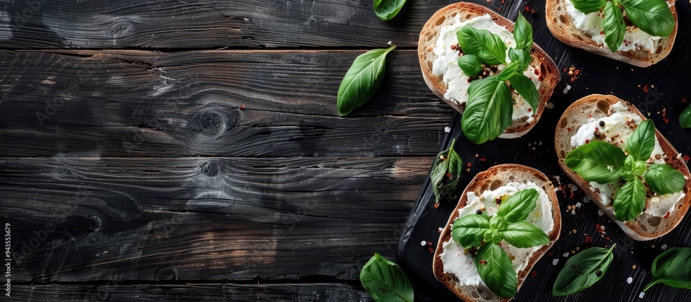 Poster a black wooden table adorned with slices of bread topped with cream cheese and basil offering a vaca