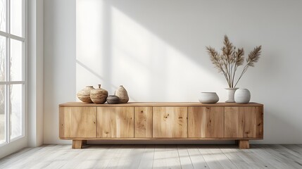 Minimalist Wooden Sideboard with Decorative Accents in Modern Interior