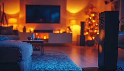 Speaker playing music in a stylish living room, with soft lighting and cozy decor, Vibrant, Warm, Detailed