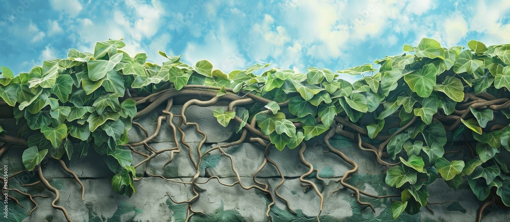 Aufkleber javanese tree roots cissus nodosa with lush green leaves sprawling on house walls set against a blue