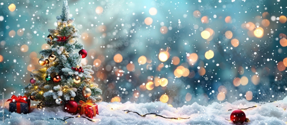 Poster festive christmas themed background featuring snow a decorated fir tree and ornaments with twinkling