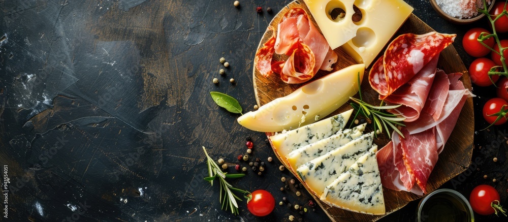 Aufkleber Rustic top view copy space image of a fresh natural appetizer with chicken ham and cheese on a table