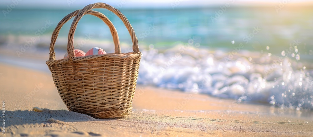 Poster sandy beach backdrop with a vacant summer picnic basket ideal for displaying items signaling a summe