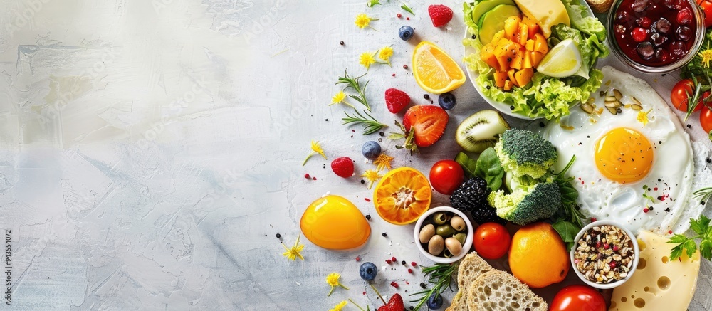 Poster a delicious flat lay breakfast arrangement with fruits salad egg bread vegetables cheese and berries
