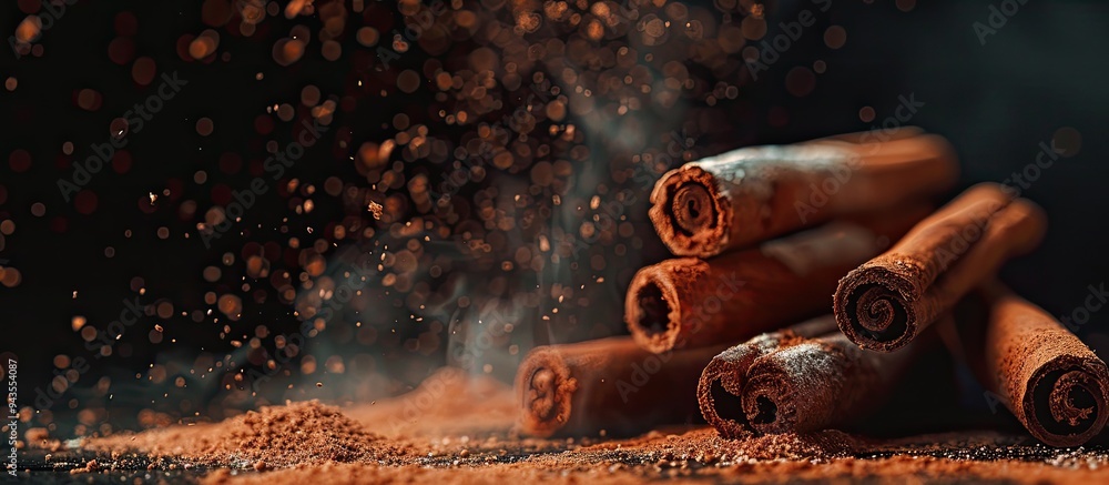 Poster Cinnamon sticks alongside cinnamon powder create a visually appealing copy space image