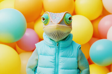 A chameleon wearing a light blue vest in front of vibrant balloons, blending reality with playful fantasy elements.