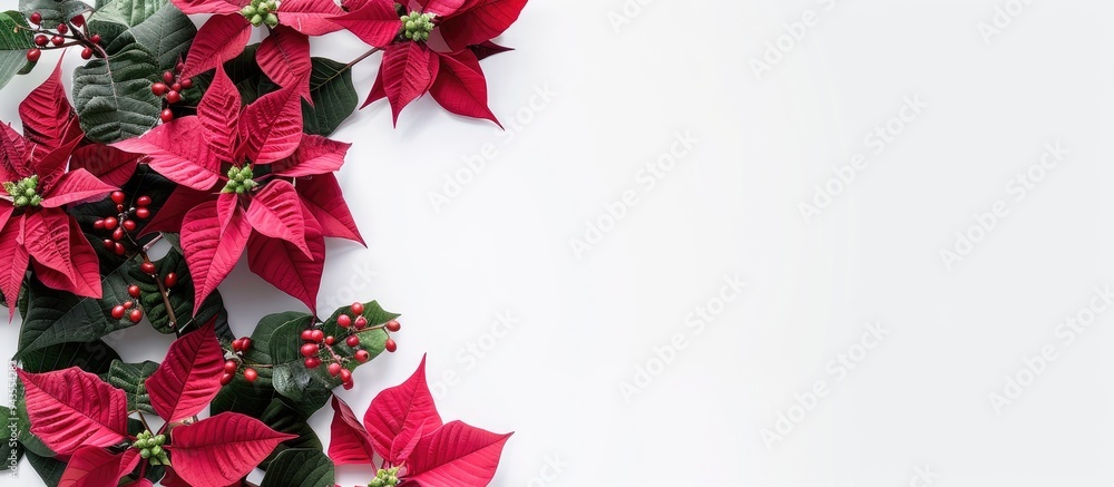 Aufkleber red and pink poinsettia flowers arranged on a white surface with room for text suitable as a copy sp