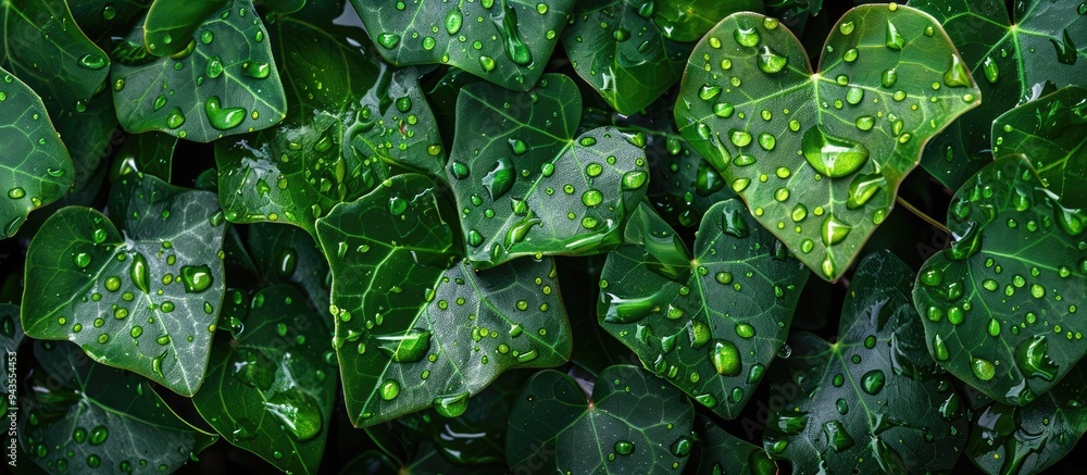 Aufkleber close up macro shot of rain kissed ivy leaves serving as a nature background for design with a fresh
