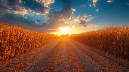 Golden cornfield path at sunset leading into a serene landscape of bright sky and fluffy clouds