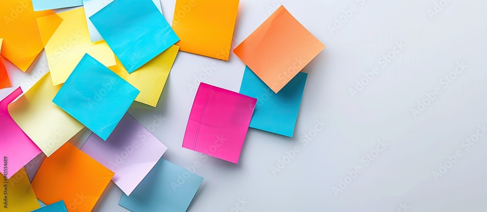 Aufkleber View from above of vibrant sticky notes on a white backdrop ideal for school or office use Flat lay composition with space for additional images