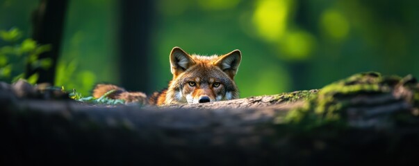 Obraz premium A close-up view of a wolf peeking from behind a log in a vibrant green forest, showcasing its intense gaze and natural surroundings.