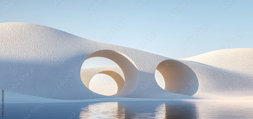 Aufkleber an abstract landscape of cliff sand topped with metallic arches in a minimal desert. the scene has a
