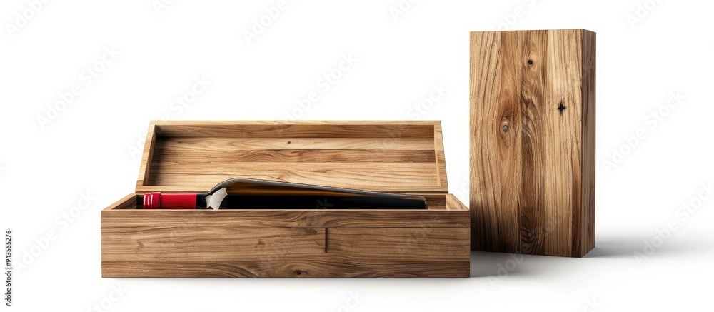 Aufkleber Isolated on a white background wooden gift boxes with wine present a beautiful display creating a perfect copy space image