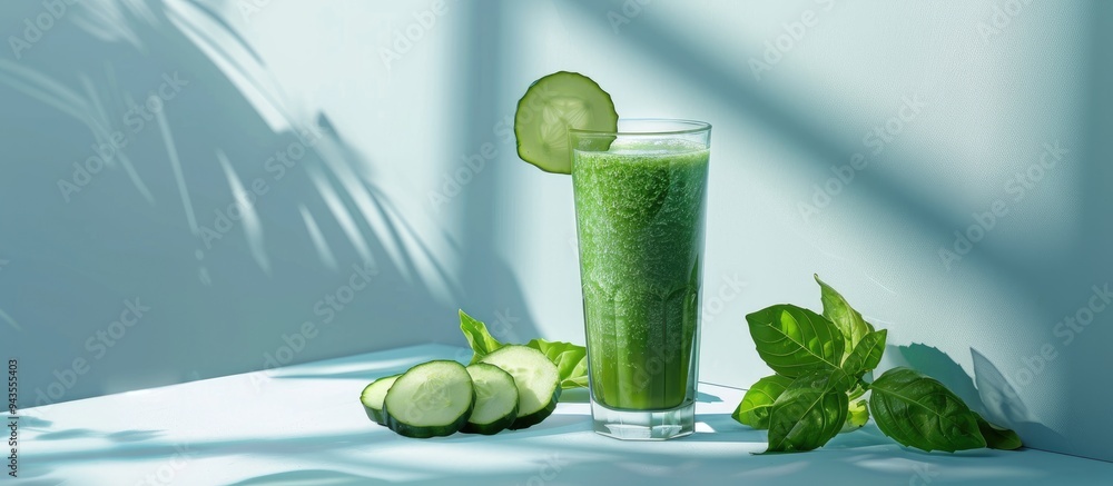 Aufkleber glass with a green smoothie cucumber and basil on a light blue backdrop for a trendy shot with hard 