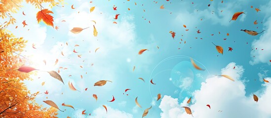 Nature background with autumn leaves set against a blue sky offering copy space image