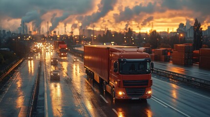 Obraz premium Trucks drive along a rain-slicked highway with industrial buildings and smokestacks silhouetted by a vibrant sunset.