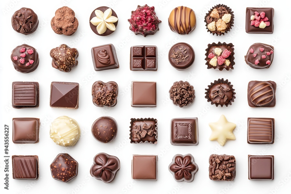 Poster the chocolate pralines are viewed in various forms from top to bottom, isolated on a dark background
