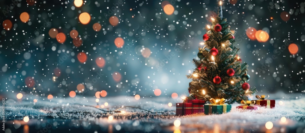 Fototapete close up of a christmas tree in the snow with gifts set against a glowing lights bokeh background pr