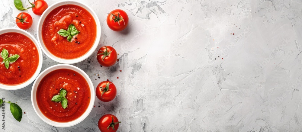 Poster Top view of summer tomato gazpacho soup served in bowls on a light stone background with copy space image promoting a healthy food concept