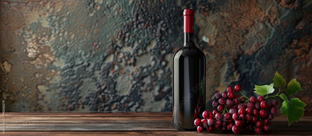 Poster red wine bottle next to grapes on a wooden surface with copy space image available