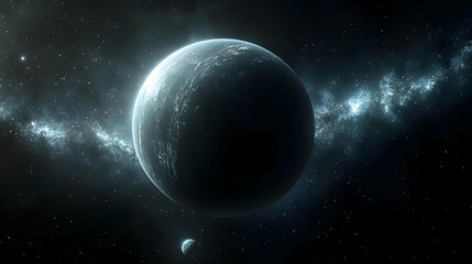 A dark planet with a swirling galaxy behind it.