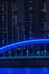 日本　東京都中央区の隅田川大橋から眺める月島のマンション群の夜景とライトアップされた永代橋