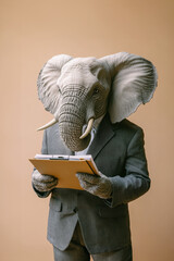 An elephant-headed figure dressed in a grey suit, attentively checking a clipboard, posing against a neutral background.