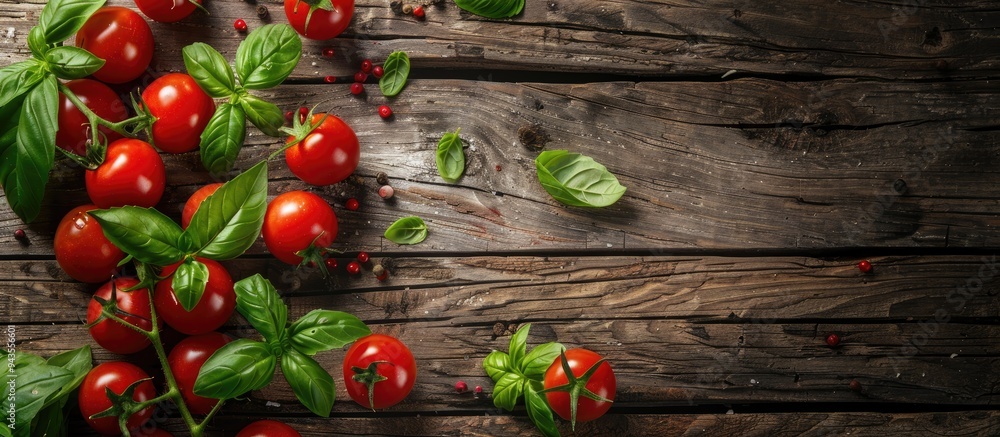 Poster fresh cherry tomatoes basil and oregano on an aged wooden rustic background with copy space image